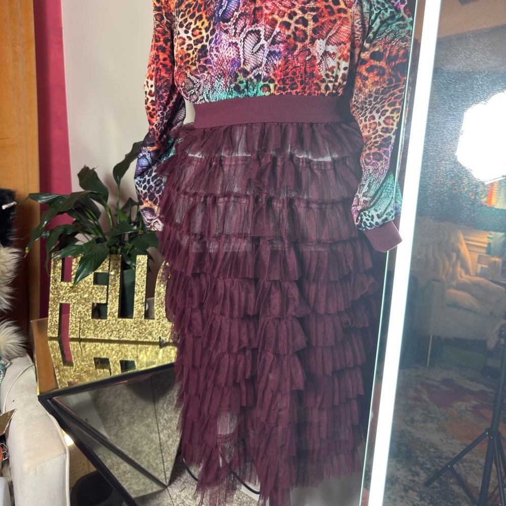 Colorful Animal Print Bomber Jacket with Burgundy Skirt One Piece - Picture 3 of 4